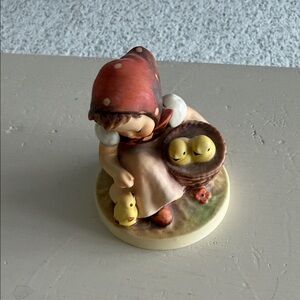 Vintage Figurine with Red Hood and Yellow Chicks